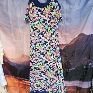 Rafaella Floral Maxi Dress in Navy with Pink and Green